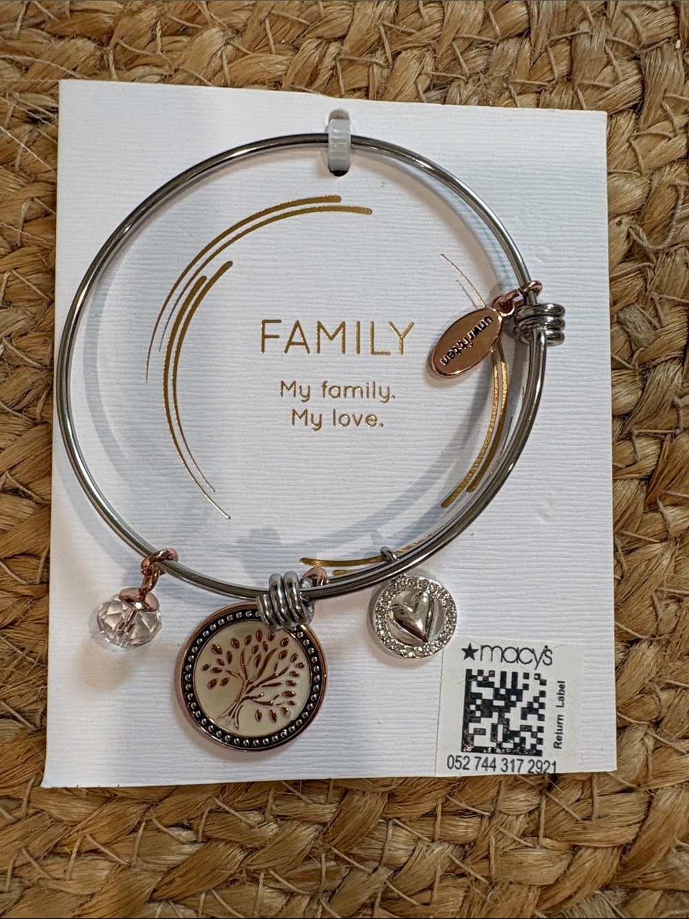 Silver-tone Family Charm Bangle with Rose Gold Accents
